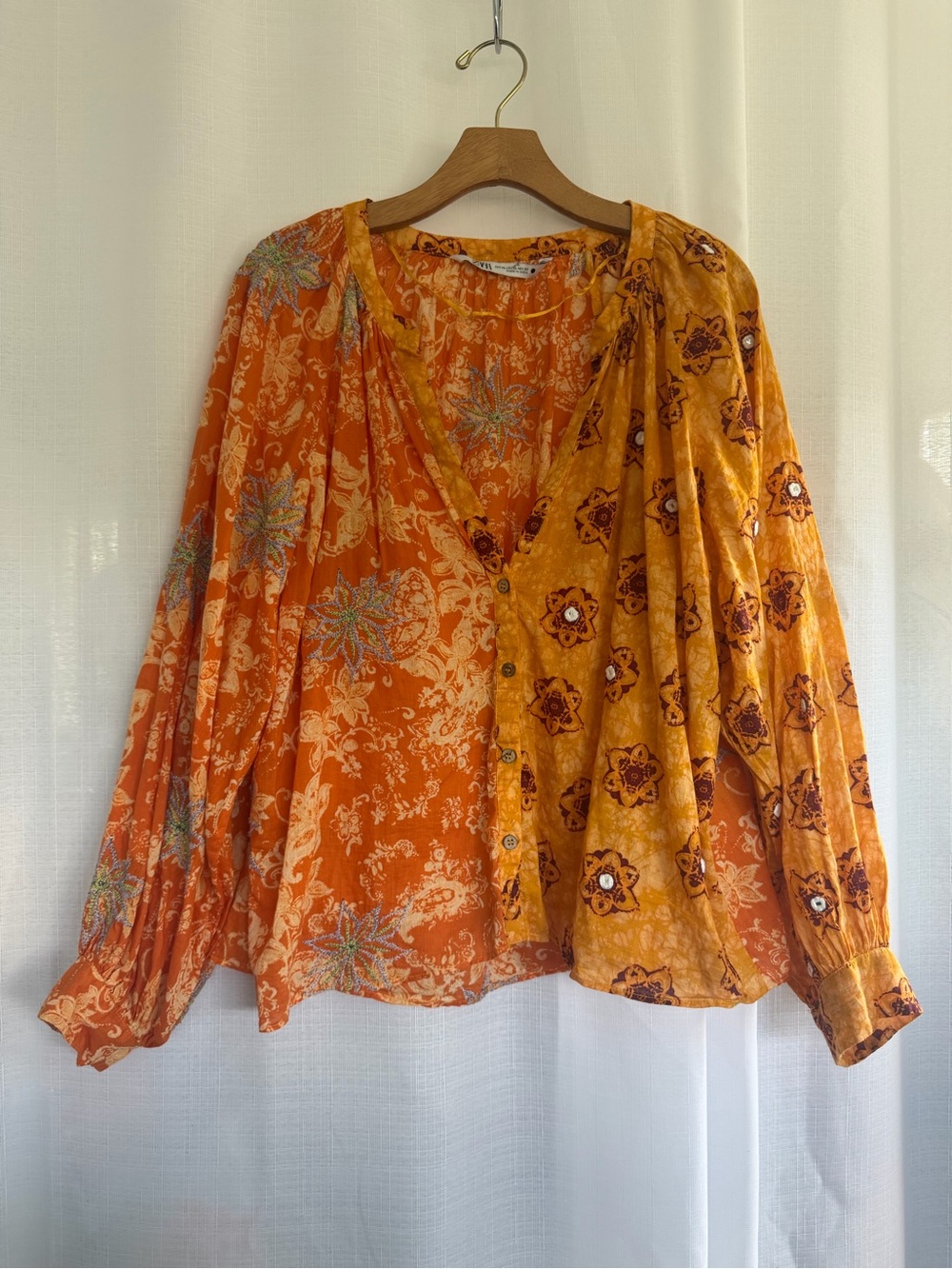 Zara Boho Mixed Print Embroidered Mirror Blouse Size XL Orange Golden Festival